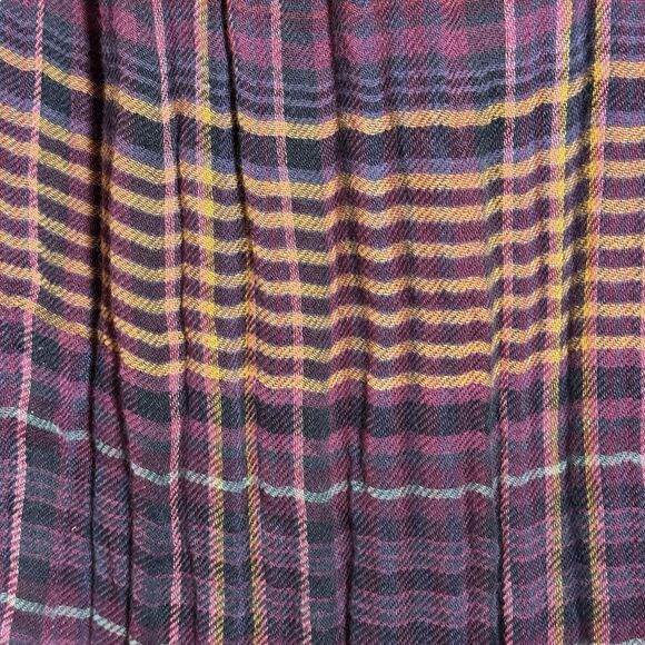 Free People Come On Over Plaid Tunic Button Pleated Hi Lo Fray Purple Gold Sz XS - Picture 4 of 9